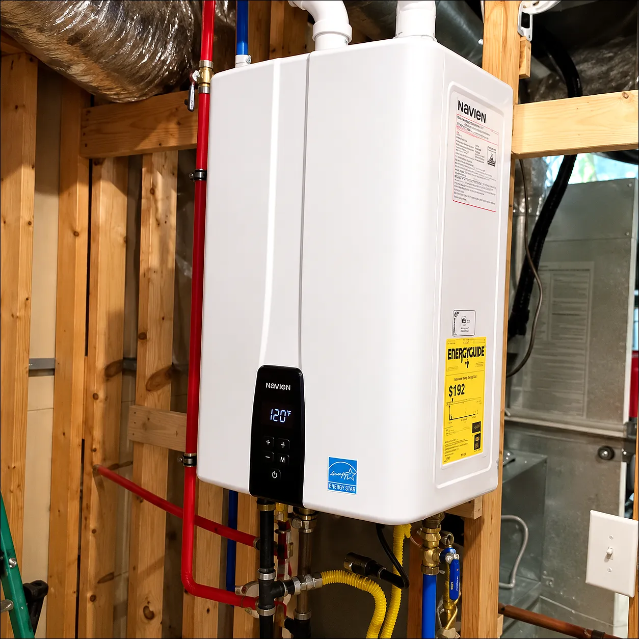 Navien tankless water heater installed on a wall with gas and water lines in a Baldwin County, AL home