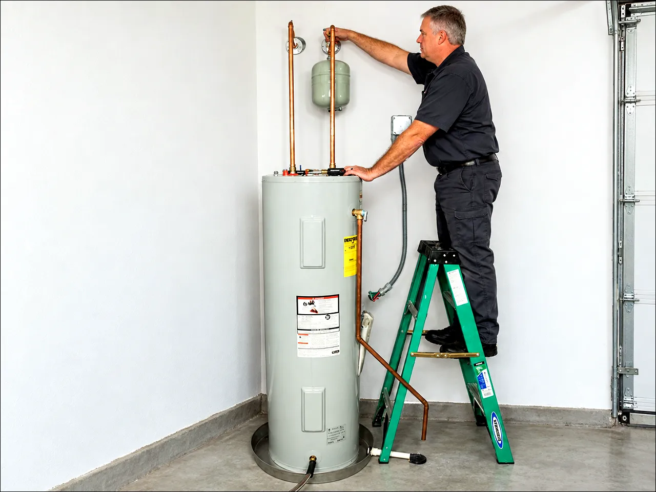 Licensed plumber servicing a 50-gallon electric tank water heater in a Gulf Shores, AL garage