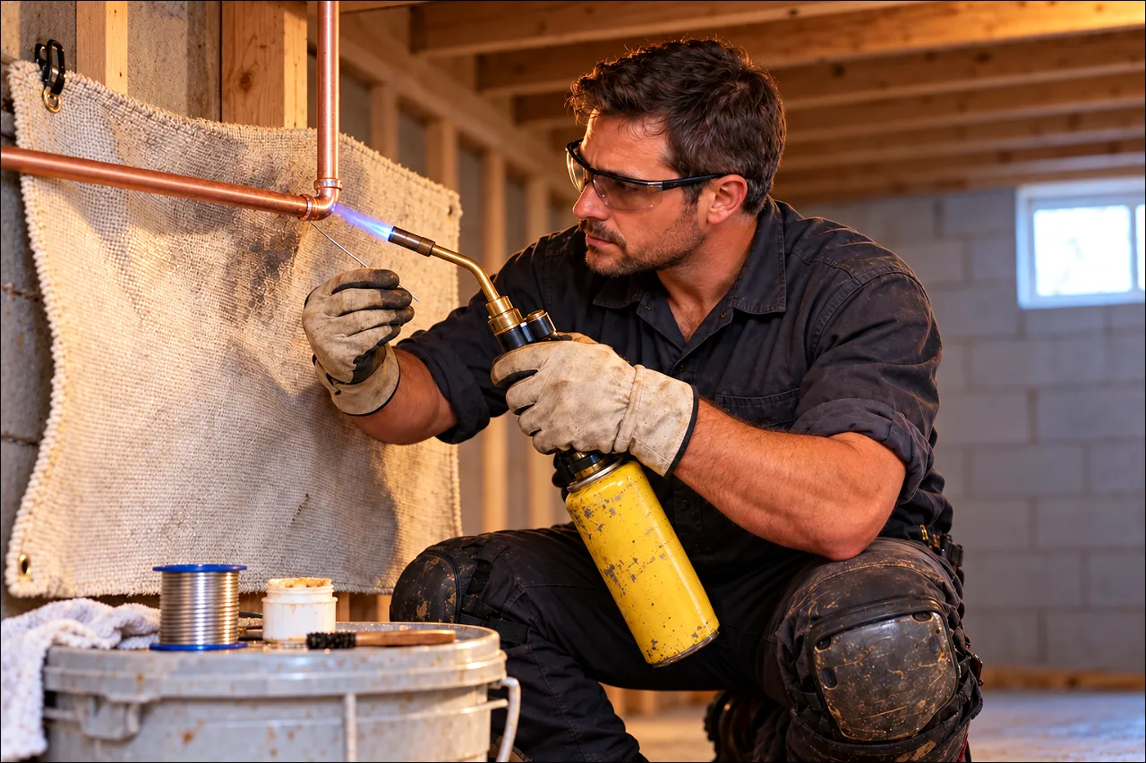 Gulf Coast plumber repairing a copper water line, illustrating water heater advice for Alabama homeowners